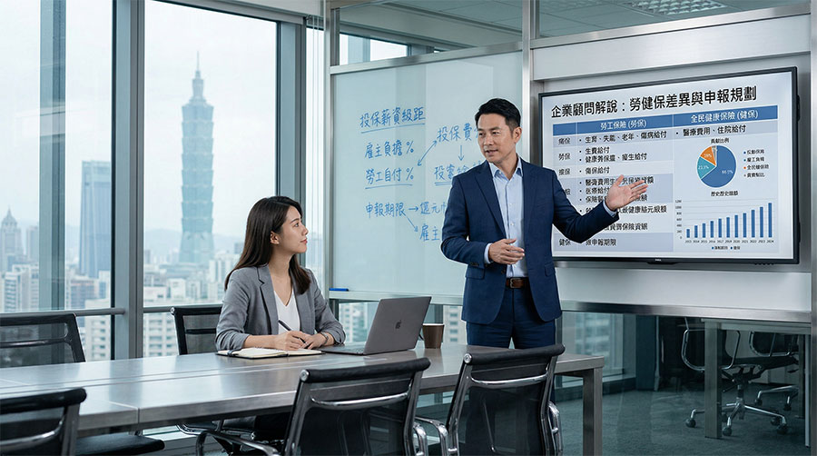business-consultation-insurance-meeting 企業顧問向創業者解說勞健保差異的會議室場景