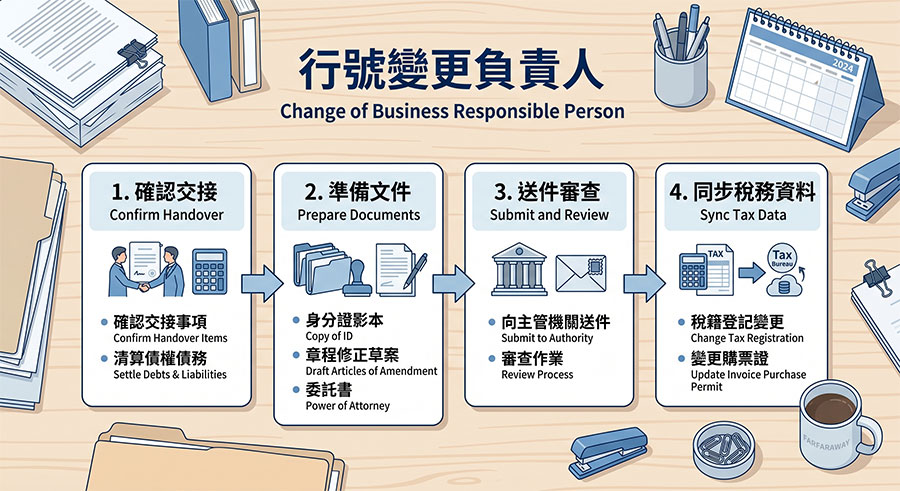 行號變更負責人 4 個步驟流程圖：確認交接、準備文件、送件審查、同步稅務資料