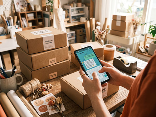 手作零售賣家在擺滿紙箱的手作工作室處理LINE OA訂單對話