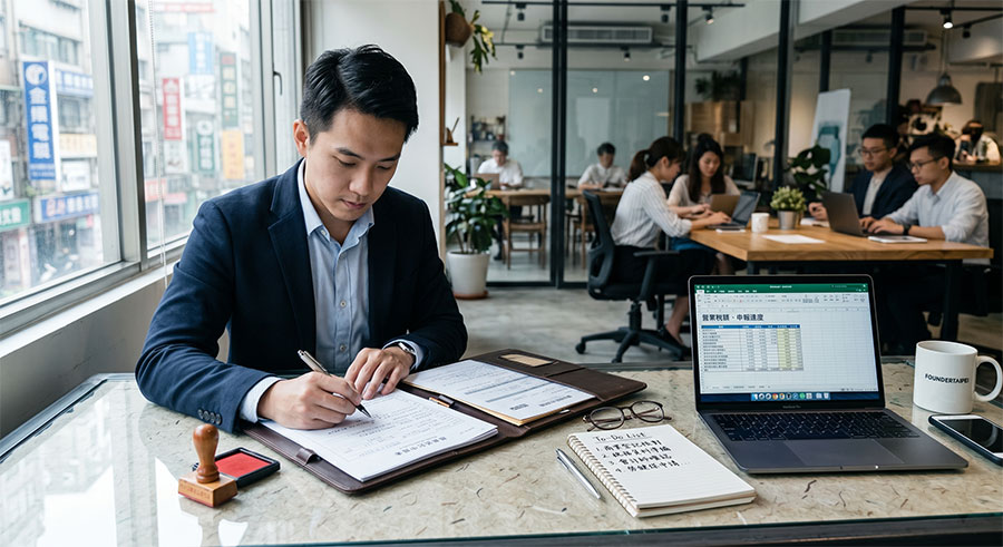 台灣創業者在辦公桌上核對商業登記與稅務資料及待辦清單