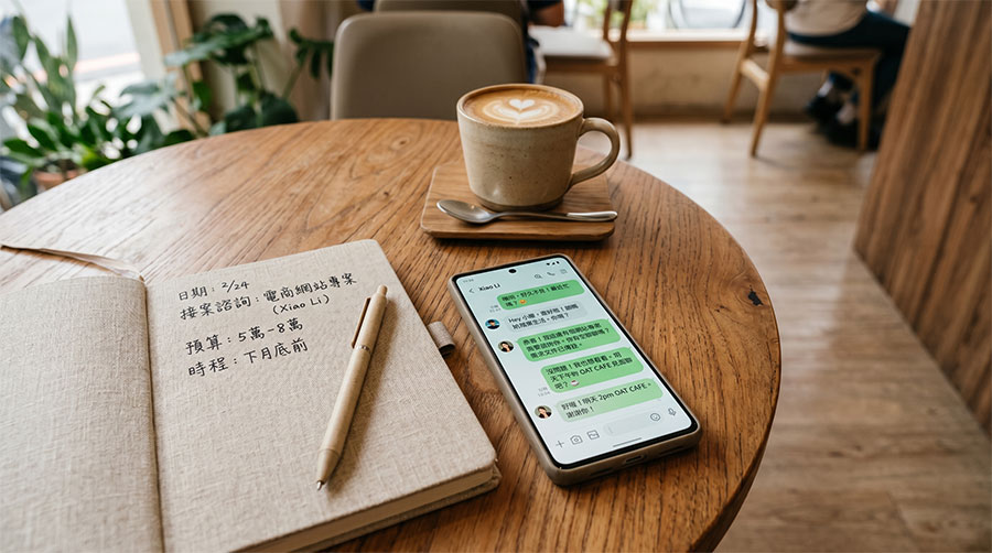 freelance-working-cafe-line-free 兼職接案者咖啡廳木質桌俯視咖啡筆記本與LINE螢幕