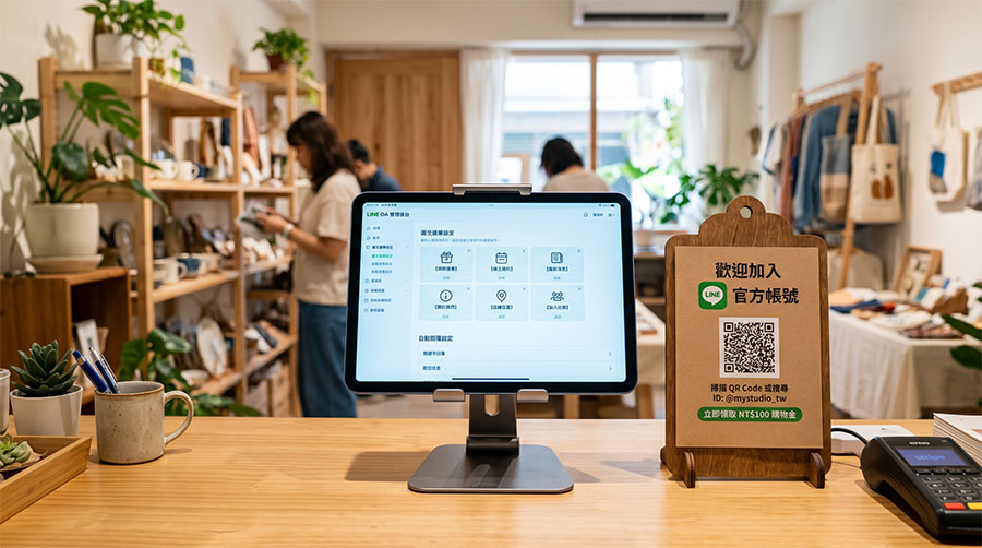 micro-studio-line-official-account 微型工作室櫃檯上的歡迎加入LINE官方帳號立牌與平板POS