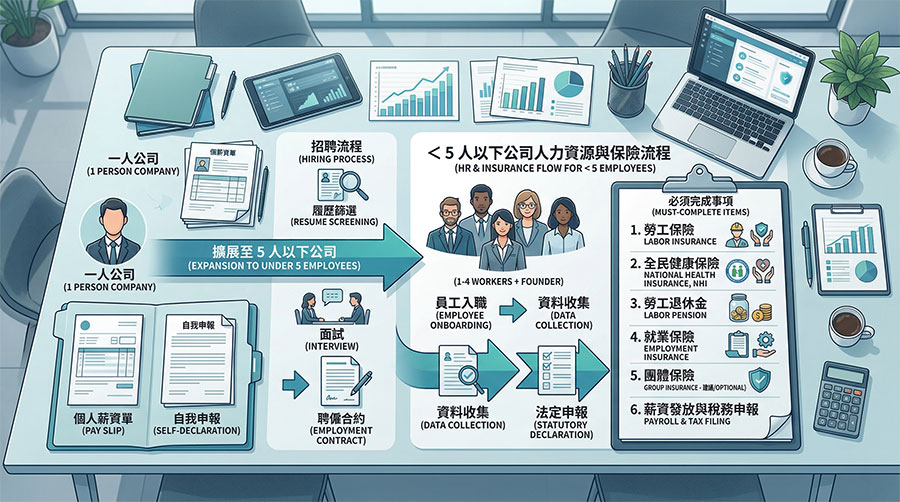 small-business-insurance-workflow 一人公司到 5 人以下公司的人力與保險流程資訊圖場景