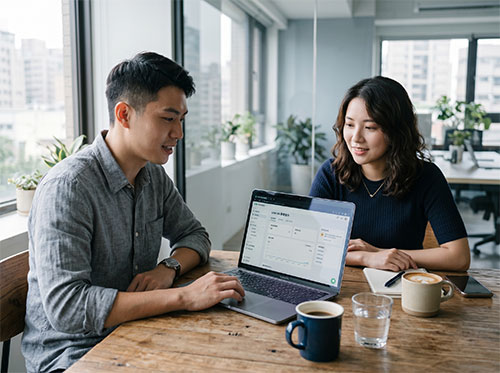 兩位年輕專業東方創業者在會議室討論LINE OA管理後台業務