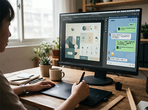 視覺設計師工作空間局部特寫繪圖板與LINE電腦版對話大螢幕