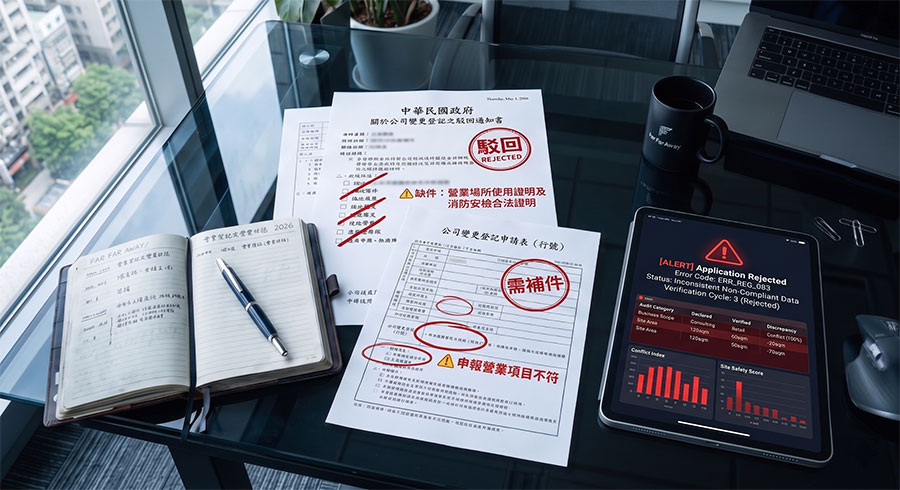 辦公桌上散落著被退件的公司變更申請表與特許行業限制清單