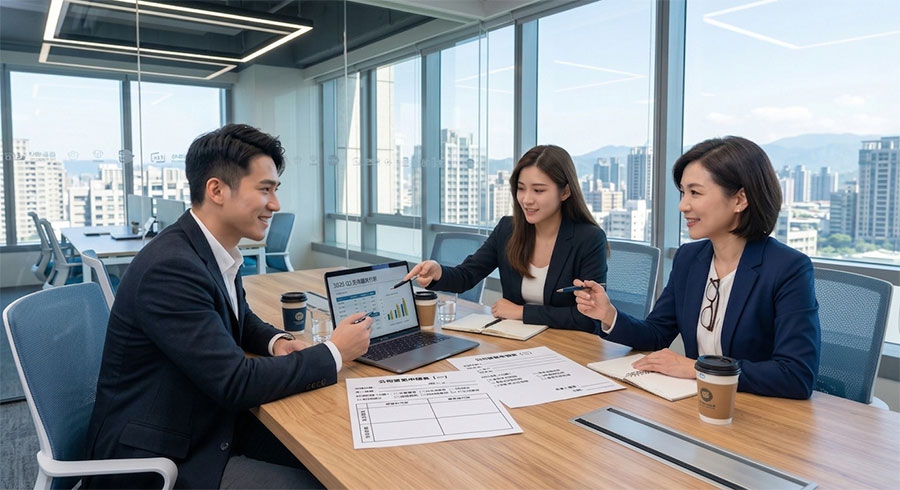 創業團隊與商務中心顧問在會議室內確認營業項目代碼與變更策略