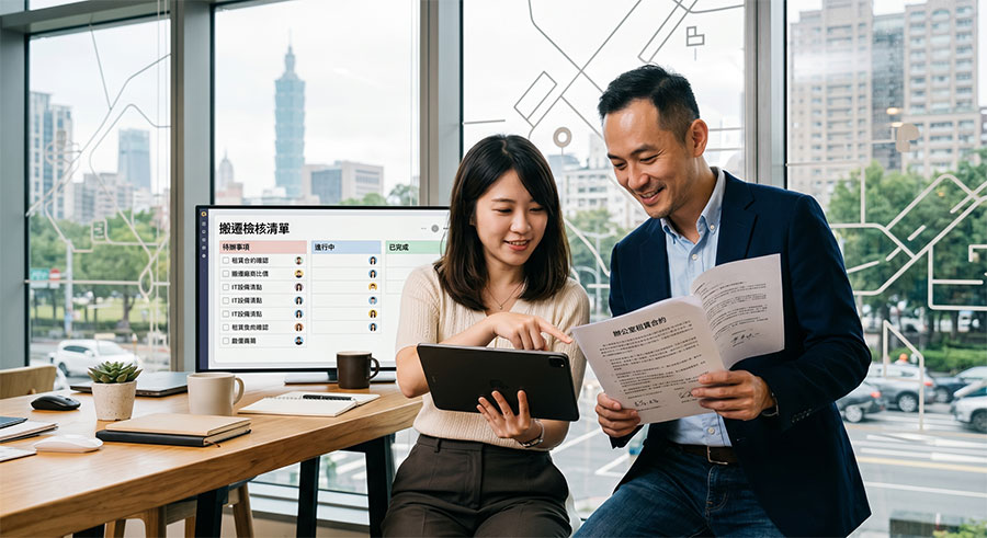 startup-team-checking-relocation-checklist Alt 中文文案:新創工作室創辦人與行政人員在新辦公室確認營運文件與地址變更清單。