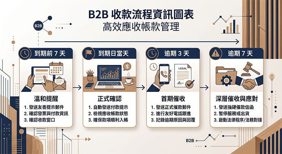 B2B接案工作室收款流程圖，包含逾期催款、停單條件與財務對帳節奏