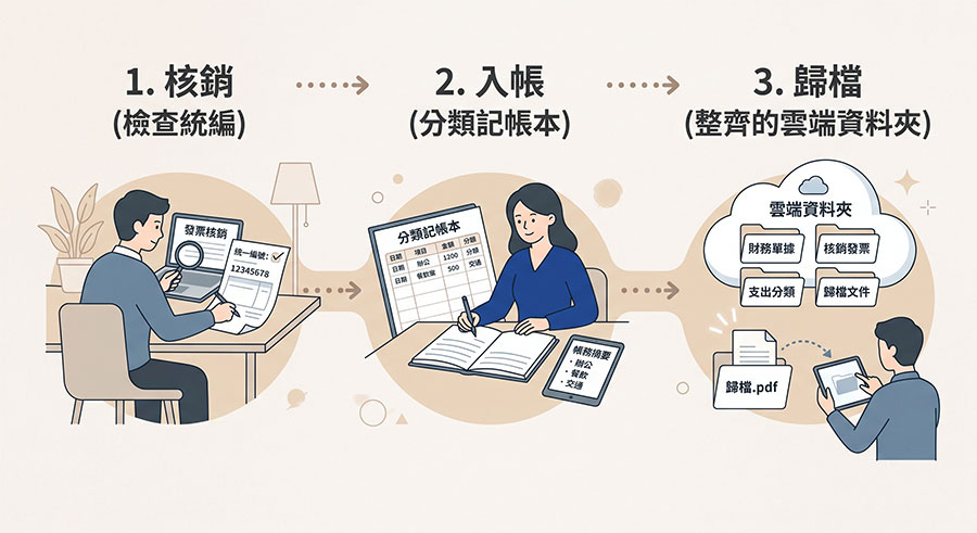 bookkeeping-three-step-process 小公司財務管理三步驟:核銷、入帳與憑證歸檔的工作流程