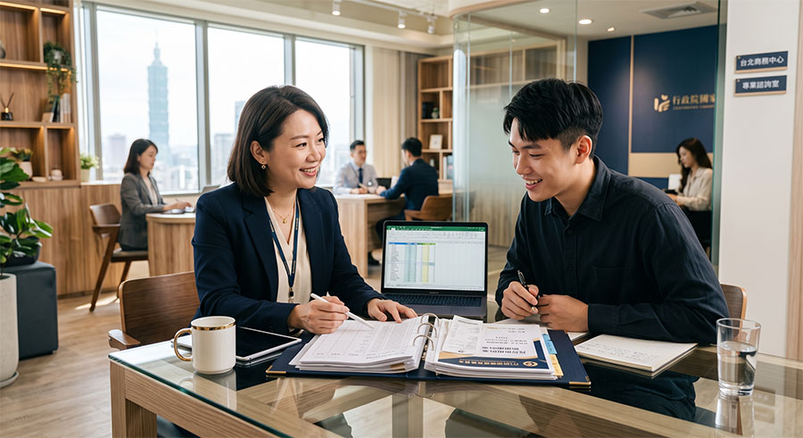 consultant-discussing-grant-accounting 商業顧問與新創創辦人討論創業補助核銷與報稅細節