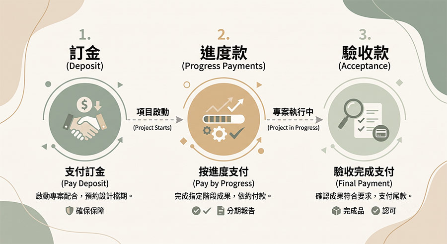 專案外包付款的三階段節點圖：訂金、進度款與驗收款。