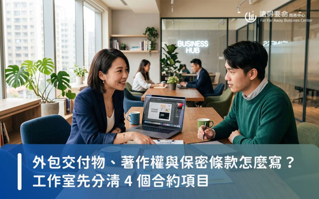 工作室創辦人與外包合作夥伴討論接案合約與著作權條款