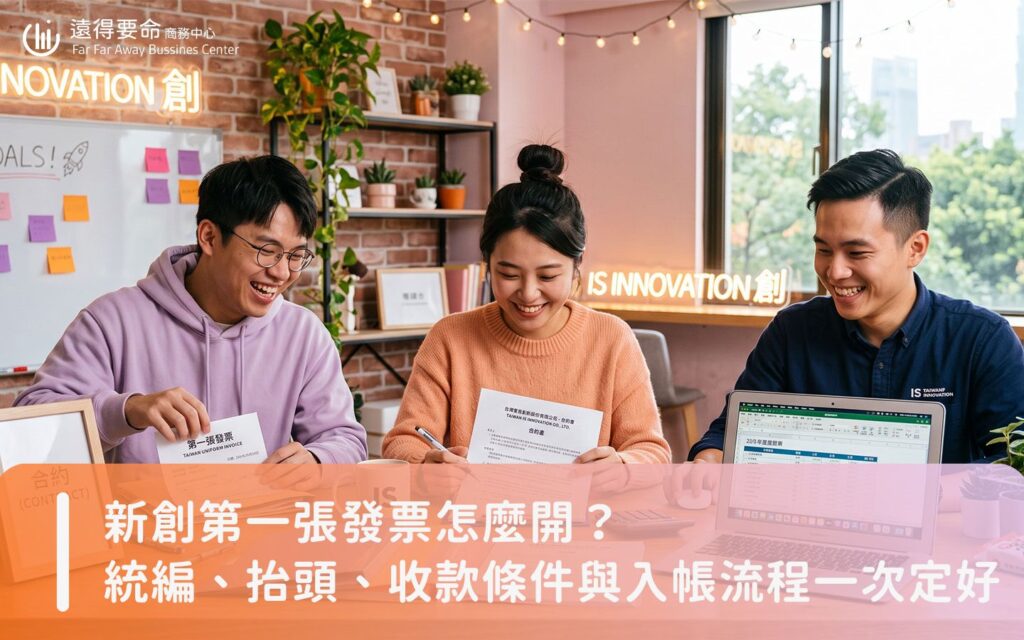 新創團隊在辦公室整理合約與發票，制定請款與收款條件流程