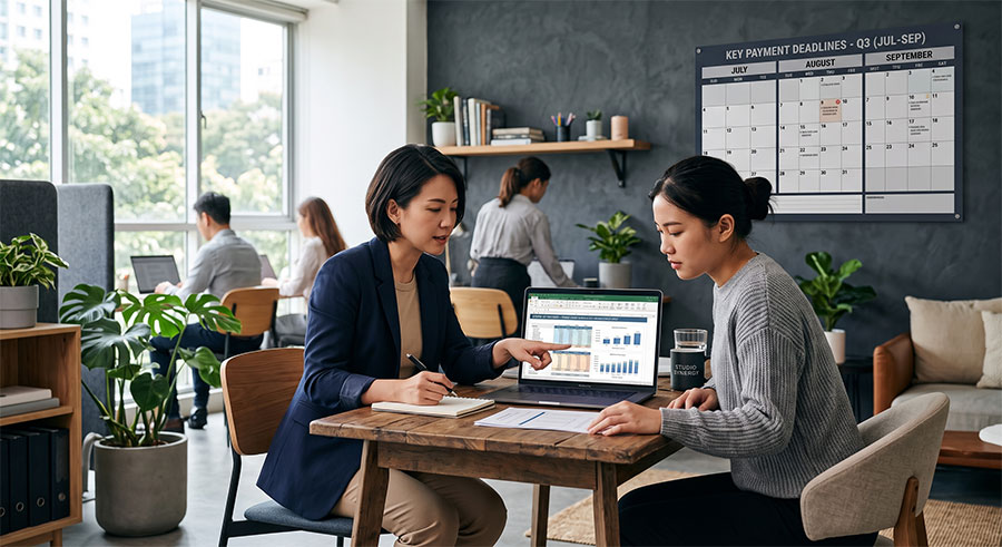 startup-team-analyzing-cashflow 工作室創辦人與夥伴共同評估未來三個月現金流與付款日曆