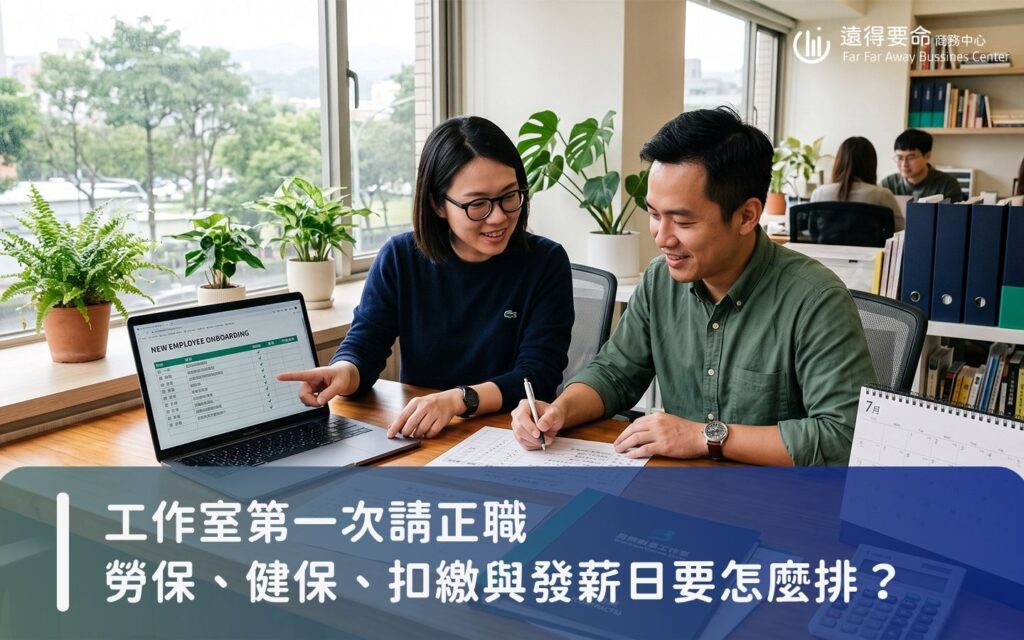 小型工作室創辦人與夥伴在辦公桌前核對正職員工到職清單與發薪節點流程