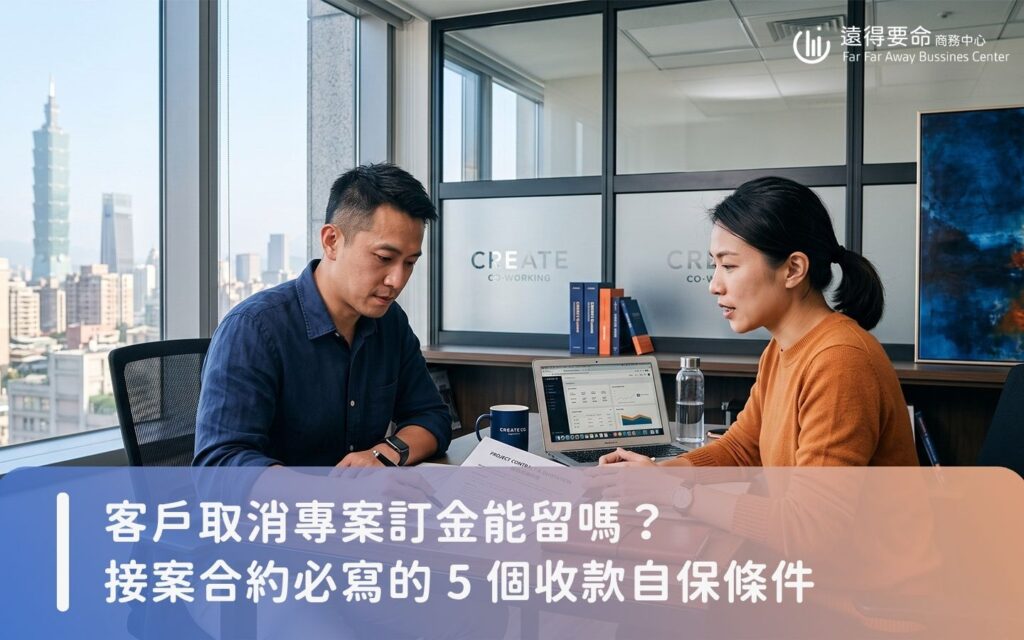 自由工作者與接案工作室創辦人正在審閱合約中的訂金與收款條件