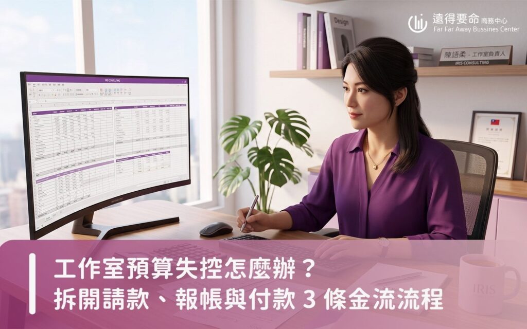 工作室負責人正在電腦前比對請款與報帳表單，釐清現金流