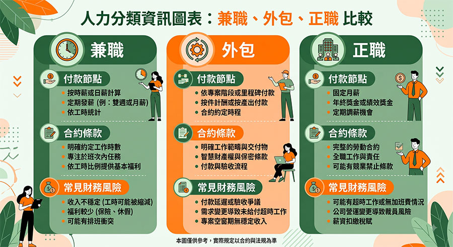 人力分類資訊圖表展示兼職外包與正職的付款條件與風險