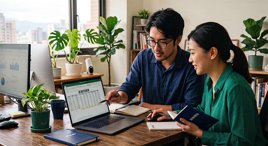 payroll-calculation-sheet-check 創辦人與夥伴在小型辦公室共同核對發薪試算表