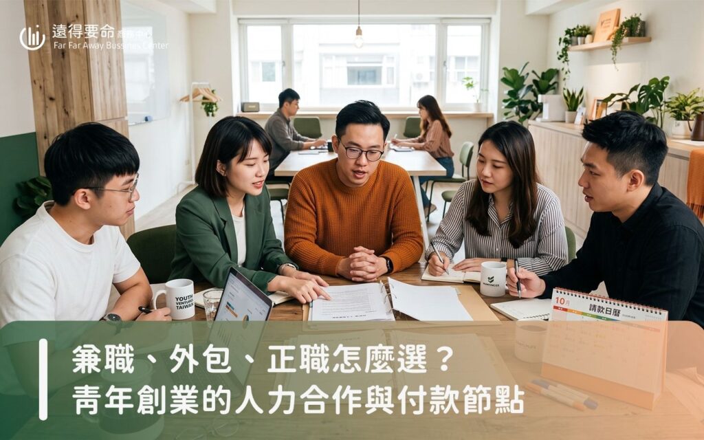 青年創業團隊在辦公桌前討論人力配置與合約付款節點