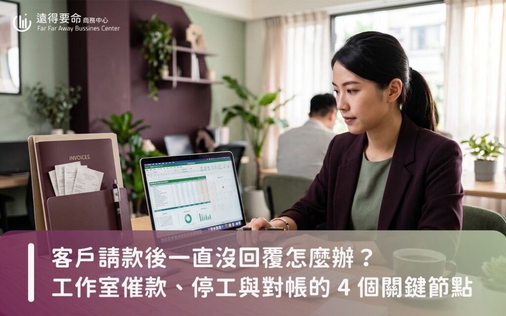 接案工作室檢視客戶請款進度與應收帳款流程示意圖