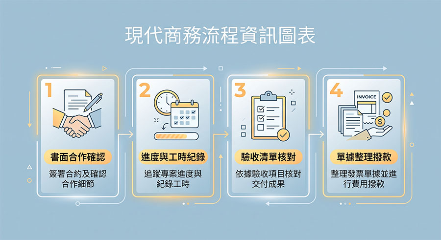 startup-payment-checkpoint-flowchart 兼職工時確認與外包驗收撥款四步驟流程圖