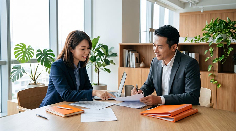 創業者與外部專業夥伴在商務中心討論合約與外包細節。
